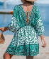 Women's Green Floral Paisley Puff Sleeve Mini Beach Dress