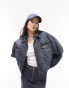 Topshop denim lined borg balloon sleeve jacket in smokey blue