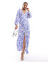 Vila v neck maxi dress with balloon sleeves in blue blurred spot print