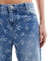 Bershka cherry bow embroidered wide leg jeans in indigo wash