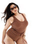 In The Style Plus crinkle scoop neck ring detail swimsuit in brown