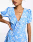 Glamorous corset front puff sleeve mini shift dress in blue scribble