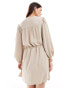 Vila linen touch tie waist mini dress in beige