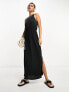 Vila slinky racer neck maxi dress with split sides in black