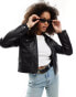 New Look faux leather cropped trucker jacket in black