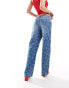 Bershka cherry bow embroidered wide leg jeans in indigo wash