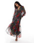 Hope & Ivy blouson sleeve maxi wrap dress with lace cuffs in dark red floral