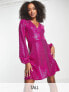 Flounce London Tall wrap front mini dress with balloon sleeve in fuschia metallic sparkle