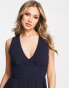 TFNC Bridesmaid chiffon v front midi dress with pleated skirt in navy