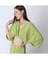 Women's Green Silk Co-Ord Set with Flowing Skirt with Slit and Crop Top with Dolman Sleeves