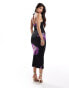 Kaiia ring detail halterneck midi bodycon dress in black and purple flower print