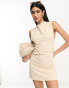 ASOS DESIGN boat neck mini dress with ruched sides in stone