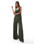 ASOS DESIGN plisse asymmetric drape cami jumpsuit in khaki