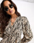 New look v neck 3/4 sleeve tiered smock mini dress in brown zebra print