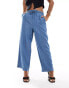 Vila Petite wide leg trousers with tie waist in blue chambray