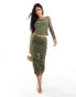 ASOS DESIGN co-ord mesh long sleeve ruched one shoulder top in khaki