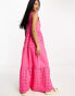 ASOS DESIGN square neck broderie tiered maxi dress in hot pink