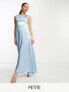 Vila Petite Bridesmaid satin v neck maxi dress with train in pastel blue