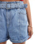 Mango soft denim belted shorts in light blue