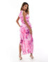 In The Style exclusive ruffle high neck side spilt maxi dress in pink floral print