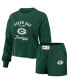 Women's Green Distressed Green Green Bay Packers Waffle Knit Long Sleeve T-shirt and Shorts Lounge Set