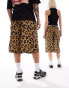 COLLUSION unisex washed leopard print longline shorts