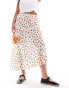 Pieces Curve side slit midi skirt in cream orange print