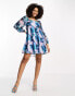 Glamorous puff sleeve mini smock dress with bow back in blue floral organza