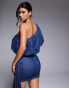 ASOS LUXE one shoulder asymmetric bubble denim draped mini dress in mid wash Blue