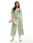 Nobody's Child Plus Simone puff sleeve wide leg jumpsuit in green gingham