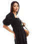 New Look shirred broderie detail linen blend dress in black