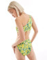 Reclaimed Vintage one shoulder bikini top in yellow blurred crinkle floral print