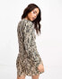 New look v neck 3/4 sleeve tiered smock mini dress in brown zebra print