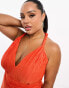 ASOS DESIGN Curve plunge halter cowl back plisse maxi dress in orange