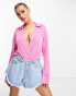 ASOS DESIGN slinky shirt bodysuit with plunge neck in pink