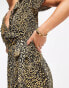 ASOS DESIGN plisse short sleeve ruffle wrap mini dress in brown leopard print