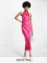 ASOS DESIGN Tall cowl neck halter midi with tie wrap waist in bright pink