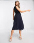 TFNC Bridesmaid chiffon v front midi dress with pleated skirt in navy