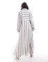 ASOS DESIGN oversized double point waist seam maxi shirt dress in stone and blue stripe