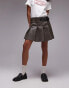 Topshop faux leather pleat low rise mini skirt in washed dark brown