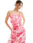 Vero Moda satin square neck maxi slip dress in pink daisy print