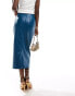 Style Cheat leather look midi skirt with split front in blue