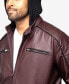 Men's Grainy Polyurethane Moto Jacket with Hood and Faux Shearling Lining