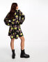 Monki button through mini dress with puff sleeves in black rose print