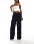 YAS high waisted wide leg satin trouser in navy - NAVY