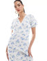 Wednesday's Girl chintzy floral puff sleeve midi dress in white and blue