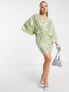 Flounce London plunge front mini dress with drop sleeves in lime metallic sparkle