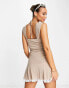 ASOS DESIGN strappy ruched mini dress with lace trim in mocha