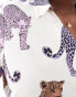 Chelsea Peers Exclusive Curve cotton tonal leopard print button short sleeve top and trouser pyjama set in off white