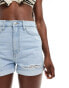 Pieces 'Miami Beach Surf Club' denim shorts with turn up in light wash blue